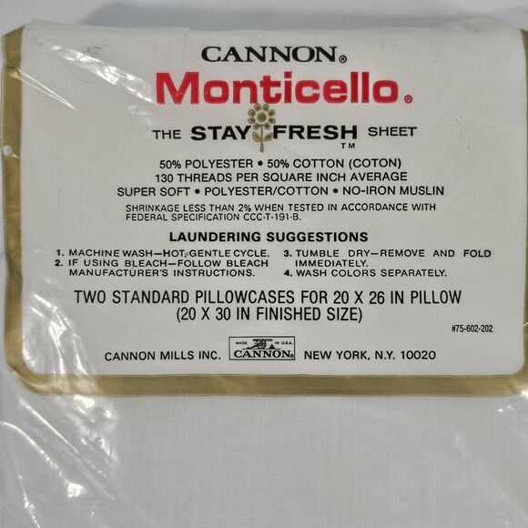 Vintage Cannon Monticello No-Iron Pillowcases 50/50 Cotton Polyester 20x30 White - Picture 4 of 4